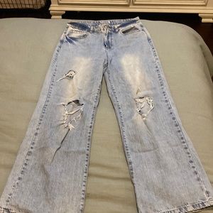 Washed, denim, wide leg jeans.